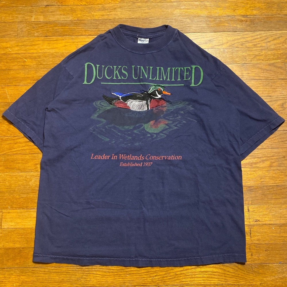 Vintage Ducks Unlimited Embroidered Duck Navy Graphic T-Shirt Mens Large